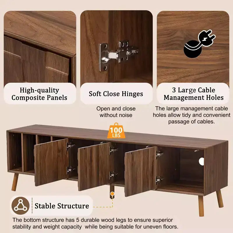 Mobile TV da 70" con gambe in legno massello e ante push-to-open – Struttura in MDF, 180 cm (L) x 40 cm (P) x 51 cm (H)