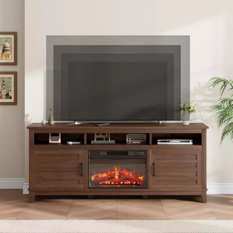 Mobile TV da 63" con inserto camino elettrico e ante, struttura in MDF – 160 cm (L) x 40 cm (P) x 80 cm (A)