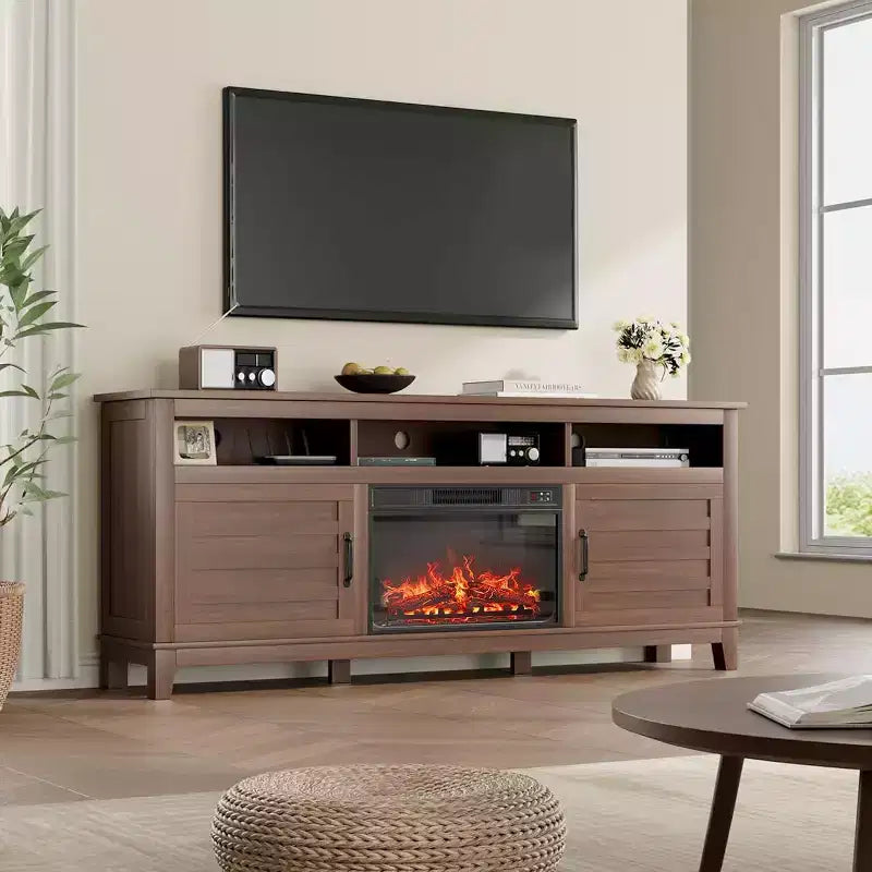 Mobile TV da 63" con inserto camino elettrico e ante, struttura in MDF – 160 cm (L) x 40 cm (P) x 80 cm (A)
