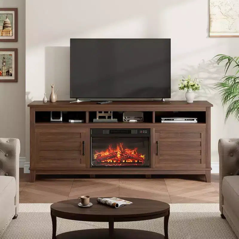 Mobile TV da 63" con inserto camino elettrico e ante, struttura in MDF – 160 cm (L) x 40 cm (P) x 80 cm (A)