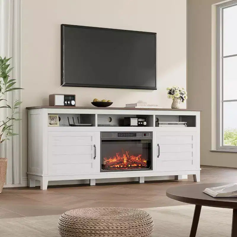 Mobile TV da 63" con inserto camino elettrico e ante, struttura in MDF – 160 cm (L) x 40 cm (P) x 80 cm (A)