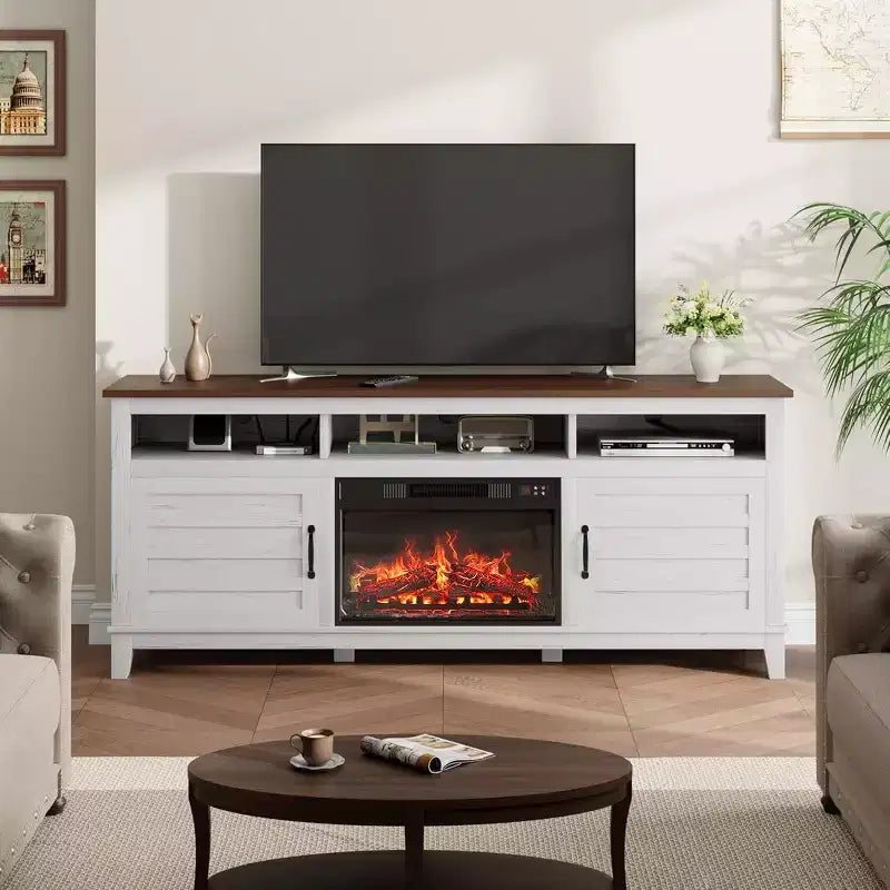 Mobile TV da 63" con inserto camino elettrico e ante, struttura in MDF – 160 cm (L) x 40 cm (P) x 80 cm (A)