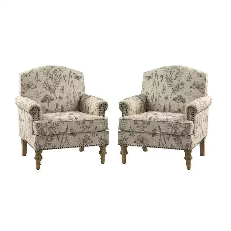 Set of 2 Yahweh Transitional Wooden Upholstered Armchair with Panel Arms and Camelback for Bedroom| ART OF LIVING DESIGNS