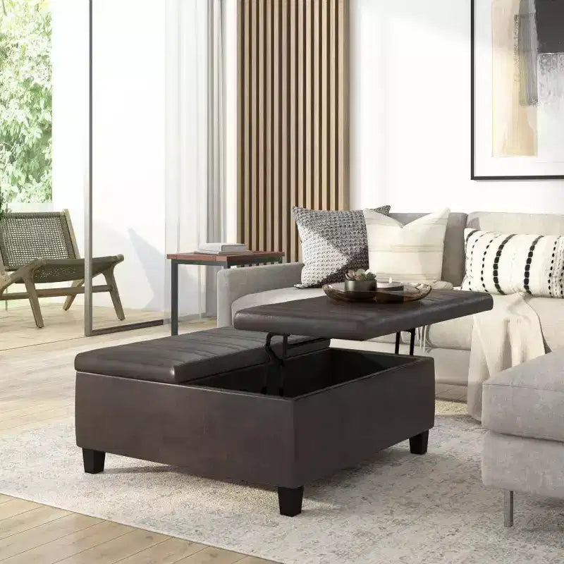 Pouf Contenitore con Piano Sollevabile e Superficie da Tavolino – Ecopelle, Struttura in Legno di Gomma, 91,4 cm L x 91,4 cm P x 41,9 cm H