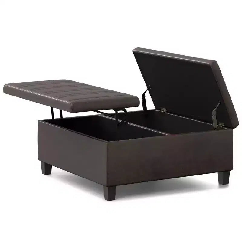 Pouf Contenitore con Piano Sollevabile e Superficie da Tavolino – Ecopelle, Struttura in Legno di Gomma, 91,4 cm L x 91,4 cm P x 41,9 cm H
