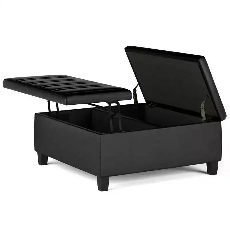 Pouf Contenitore con Piano Sollevabile e Superficie da Tavolino – Ecopelle, Struttura in Legno di Gomma, 91,4 cm L x 91,4 cm P x 41,9 cm H
