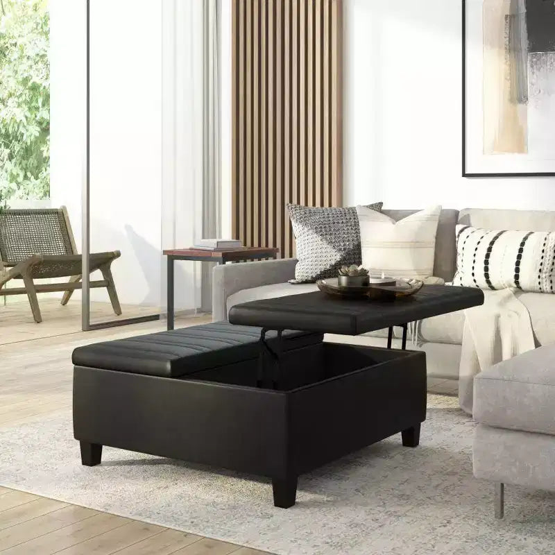 Pouf Contenitore con Piano Sollevabile e Superficie da Tavolino – Ecopelle, Struttura in Legno di Gomma, 91,4 cm L x 91,4 cm P x 41,9 cm H